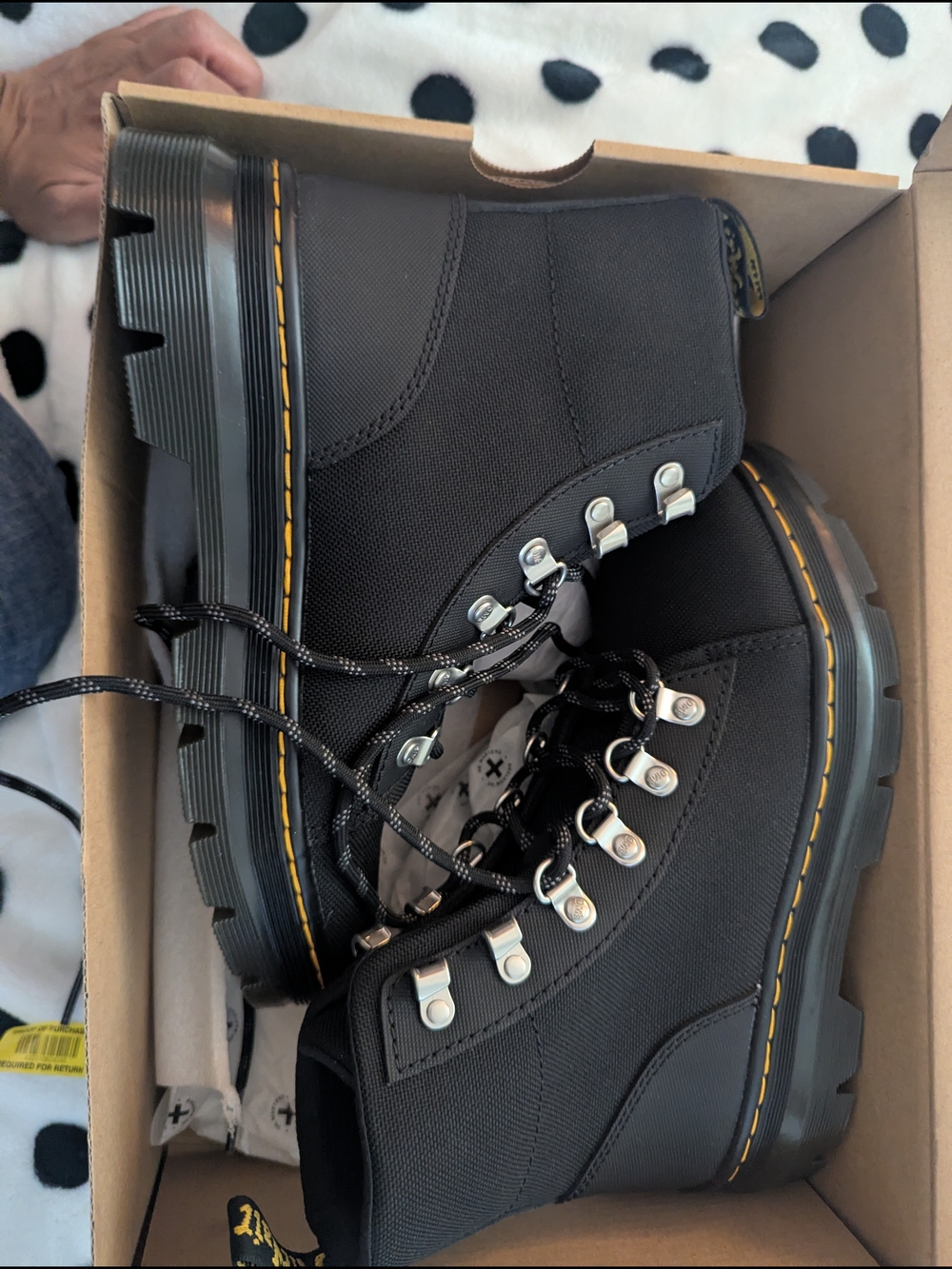 Dr. Martens Black Boots with Yellow Heel Loop Text